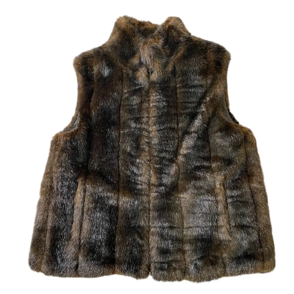 Giacca Reversible Faux Fur Vest Womens Brown & Black Large - Picture 1 of 12